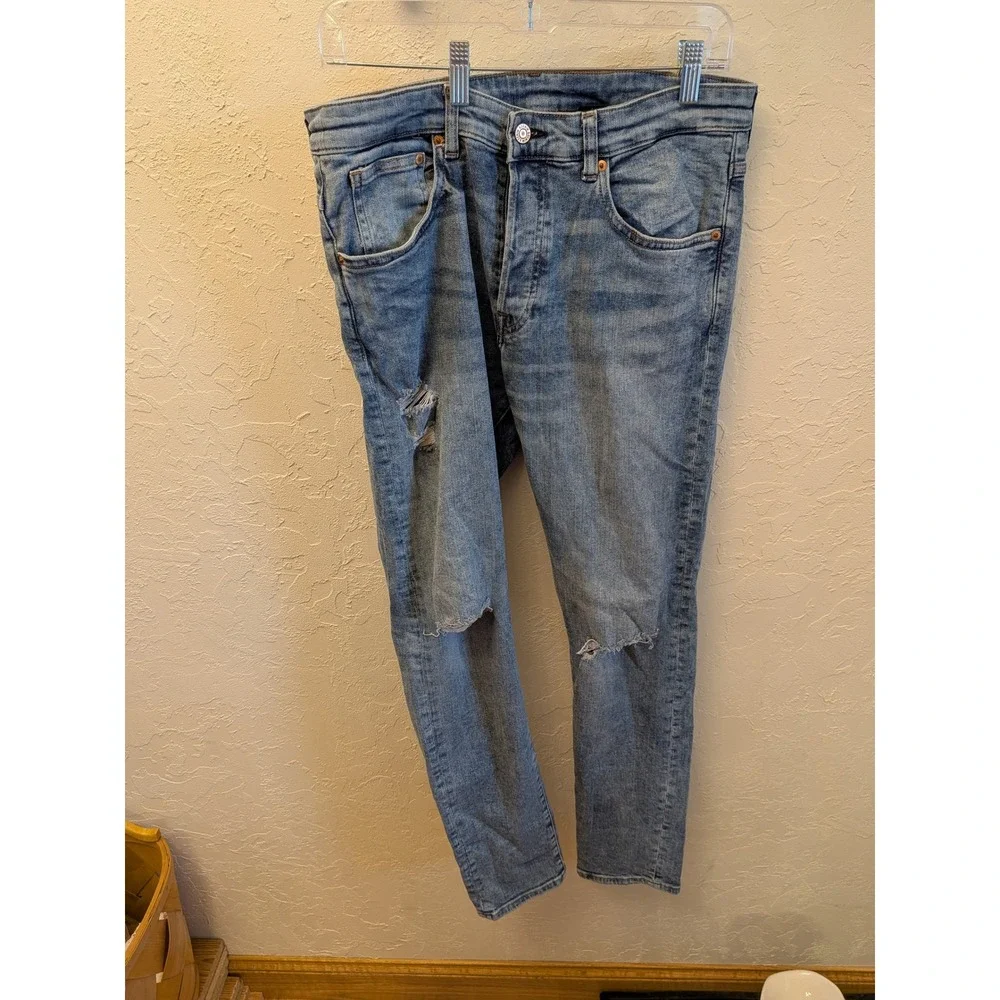 H&M Denim Ripped Slim‎ Fit Jeans Mens Blue Button Fly size 34